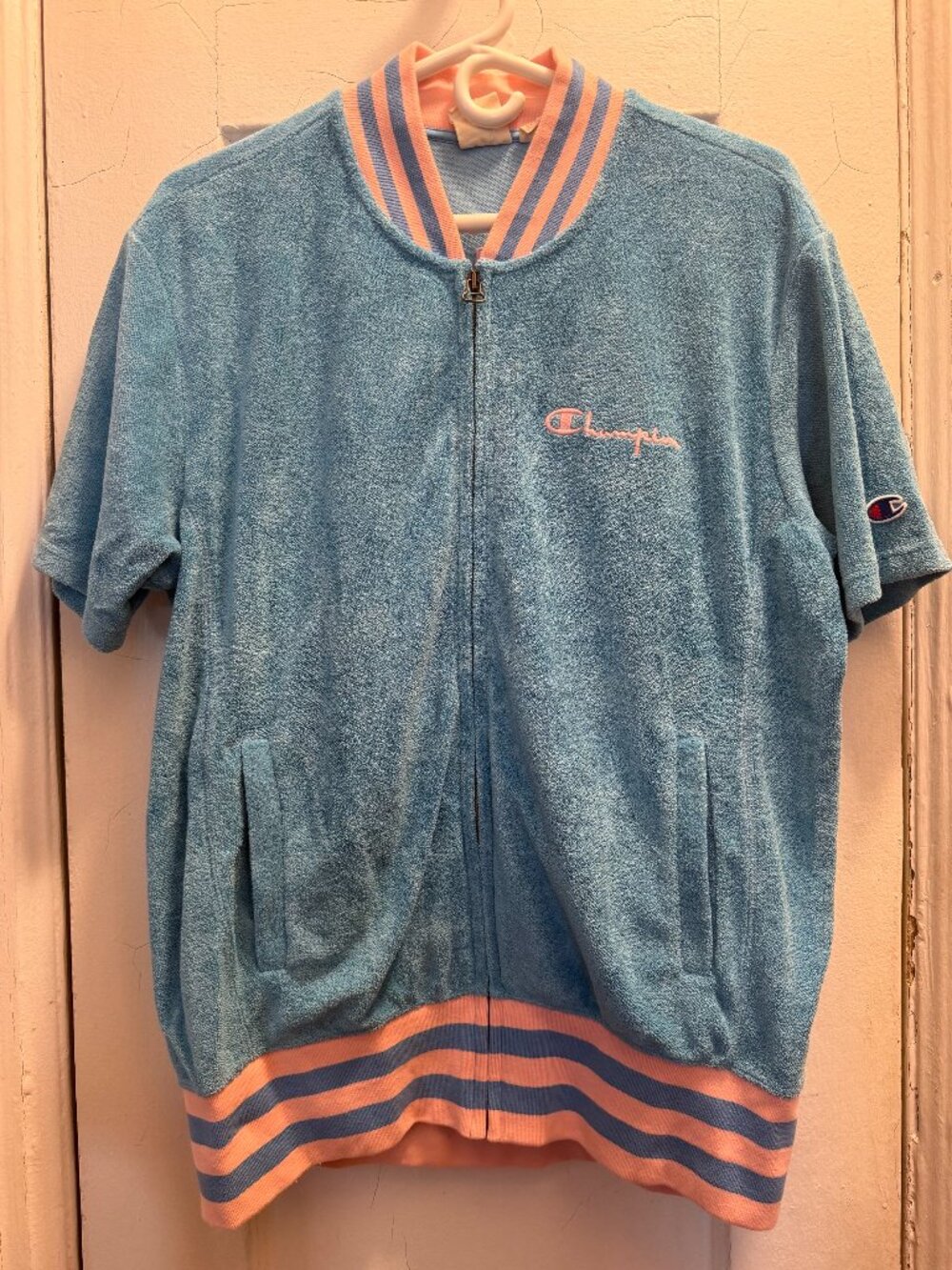 Vintage Champion Zip Up Sweat Shirt - Baby Blue/Pink Size Large